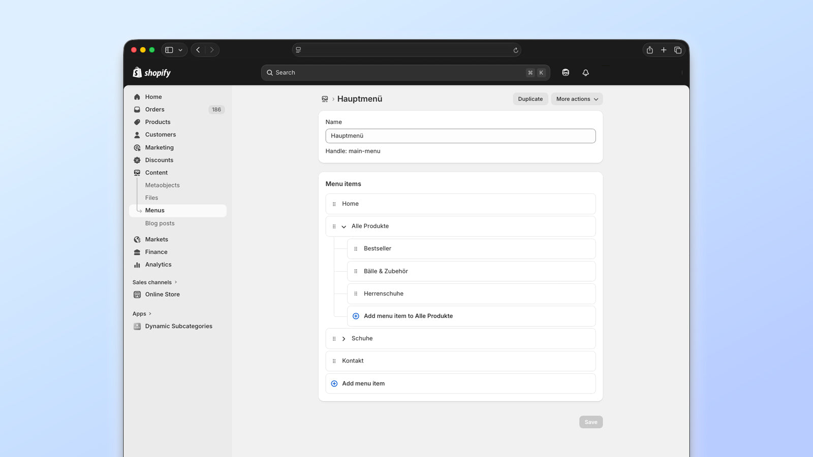 Shopify menu editor showing subcategory navigation links