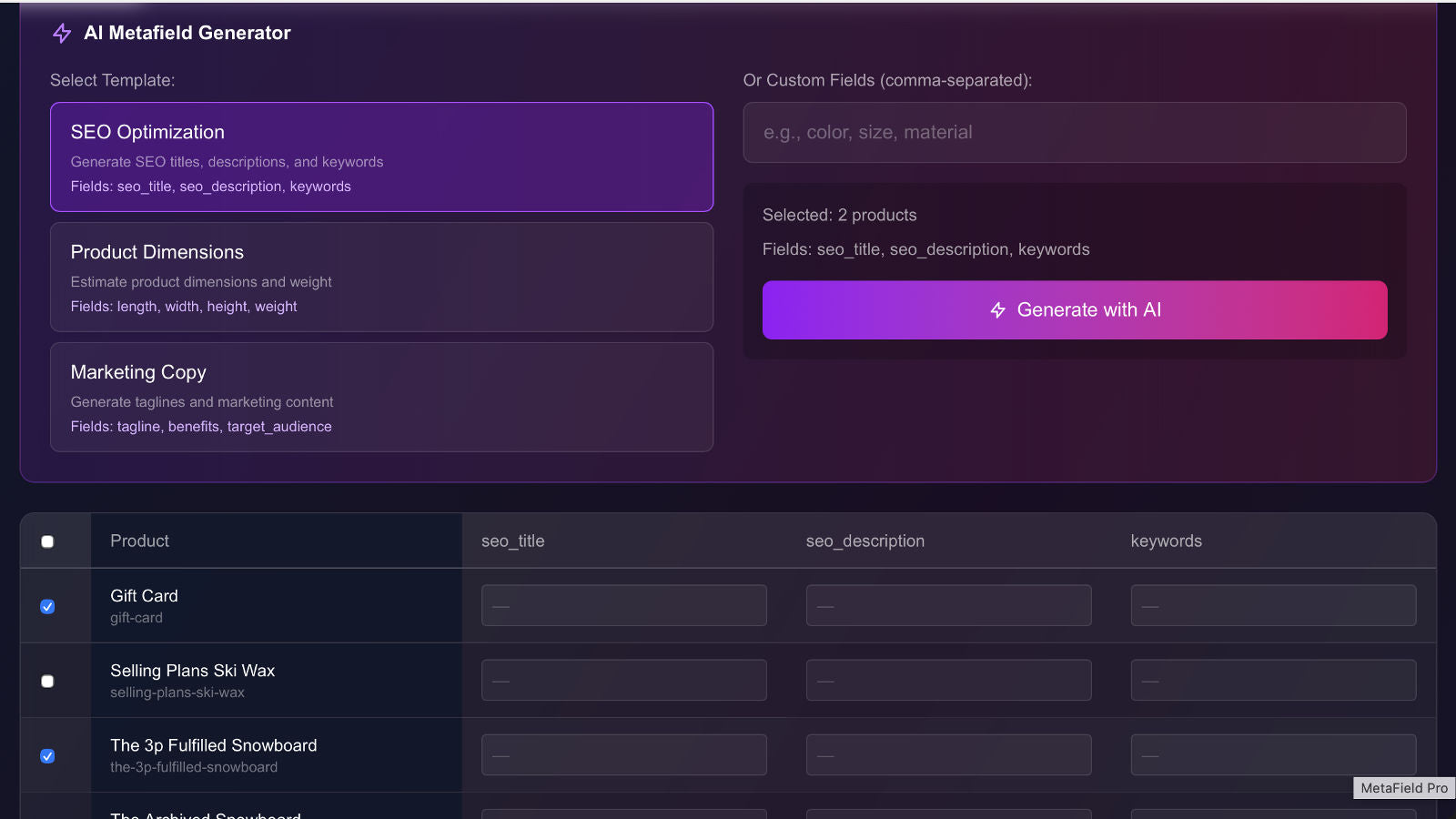 Success message showing metafield changes saved to Shopify prod.