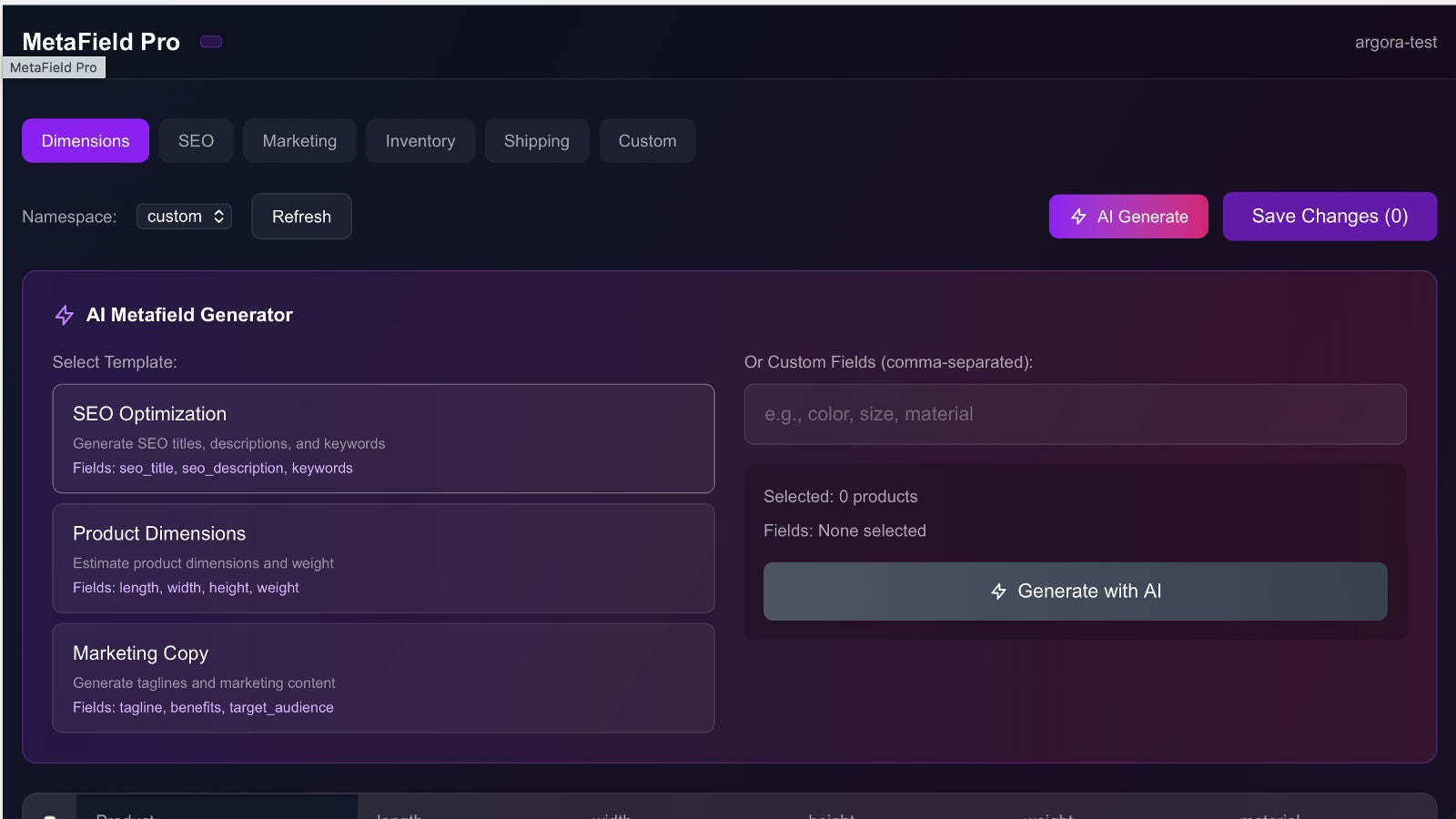 Metly dashboard showing products list with editable data