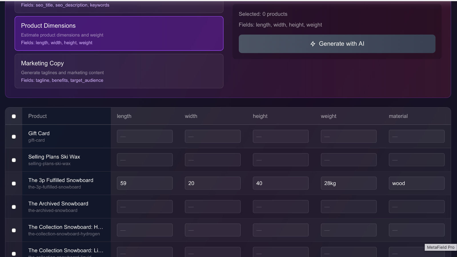 AI Metafield Generator panel with SEO, Dimensions and Marketing