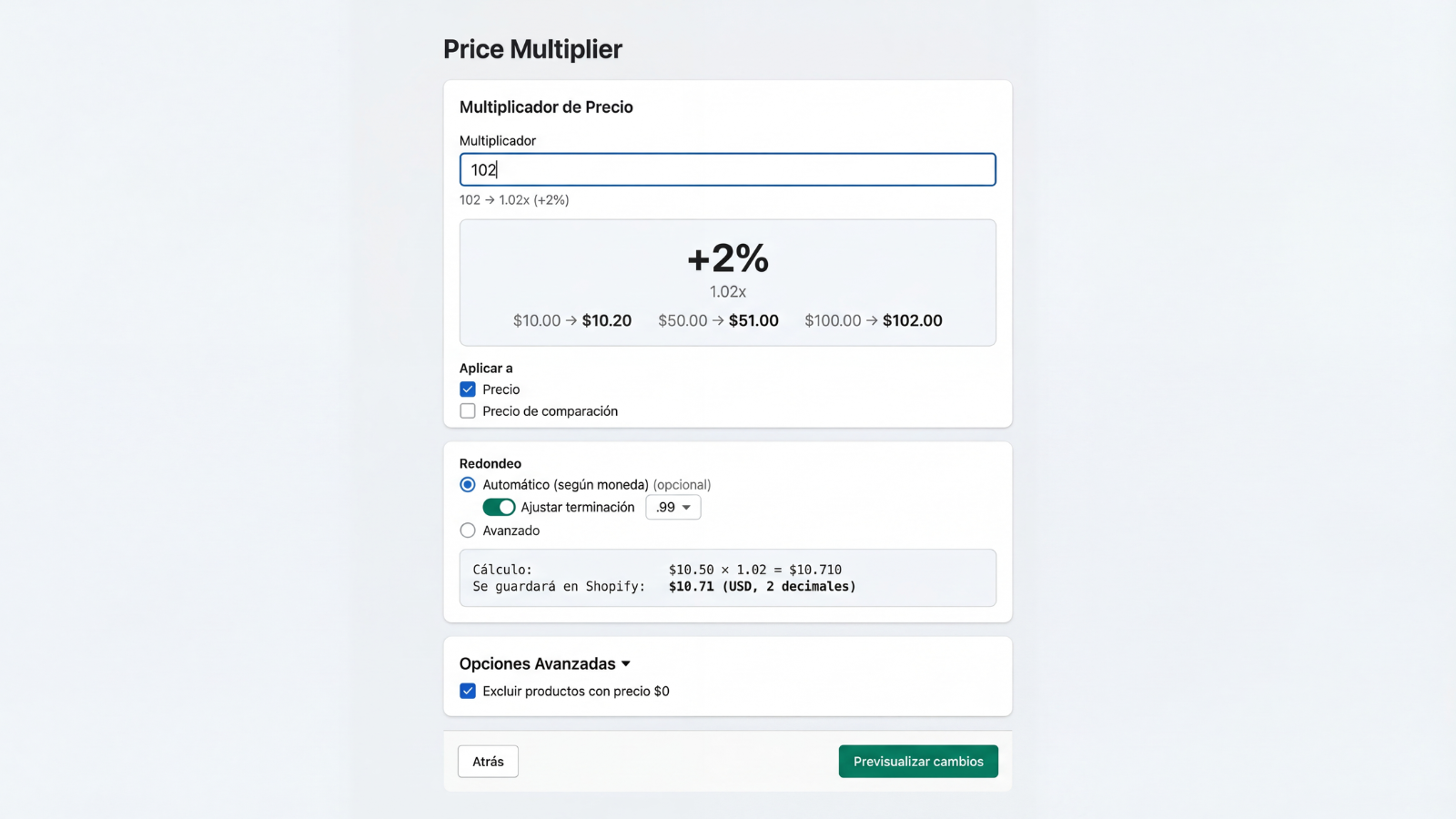  Price multiplier configuration with percentage calculation and 