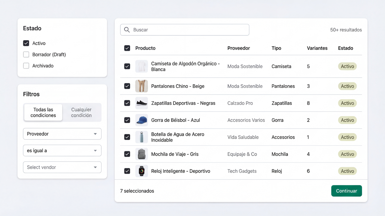 Product selection interface with filters and product table for b