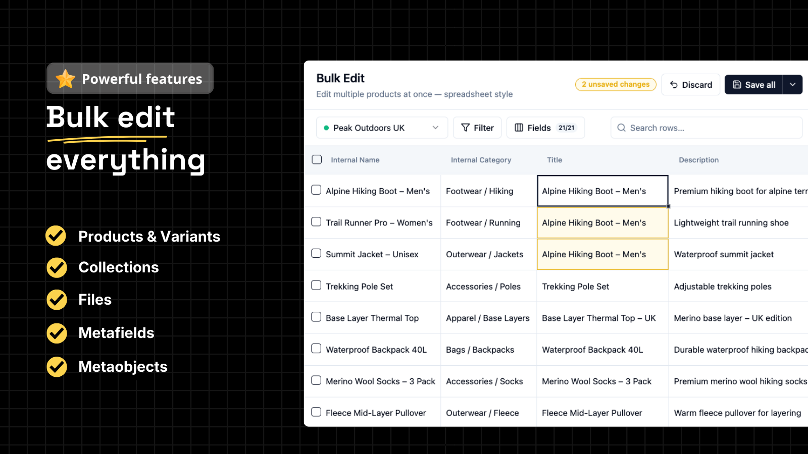 Bulk edit Shopify Products data (variants, metafields...)