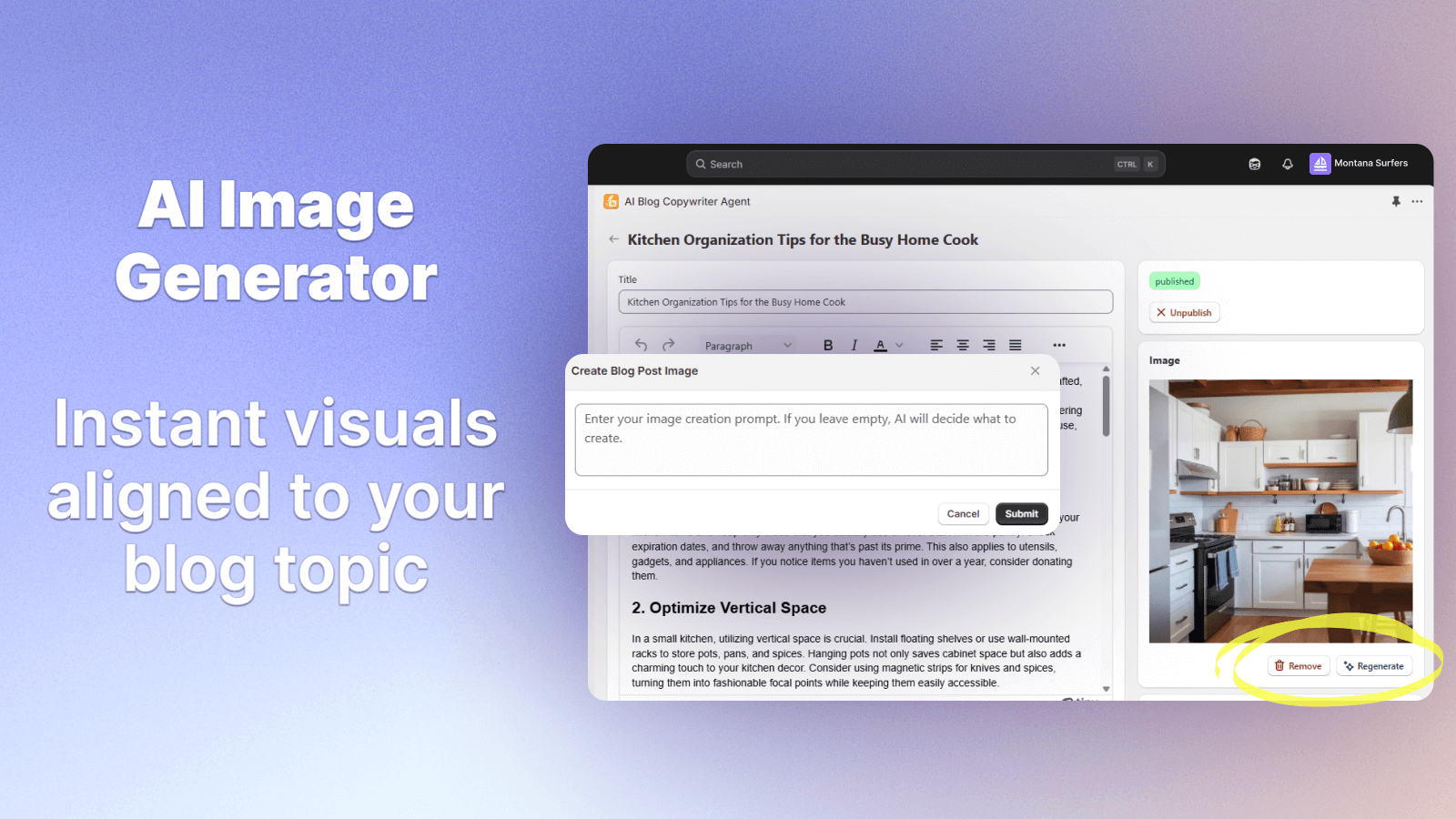 AI Image Generator Instant visuals aligned to your blog topic