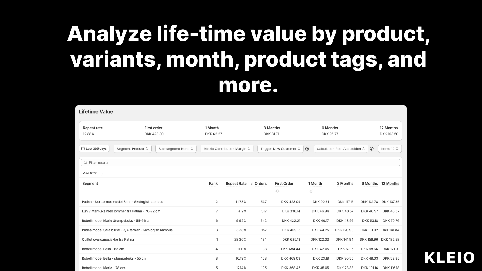 Analyze life-time value by product, variants, month, and more