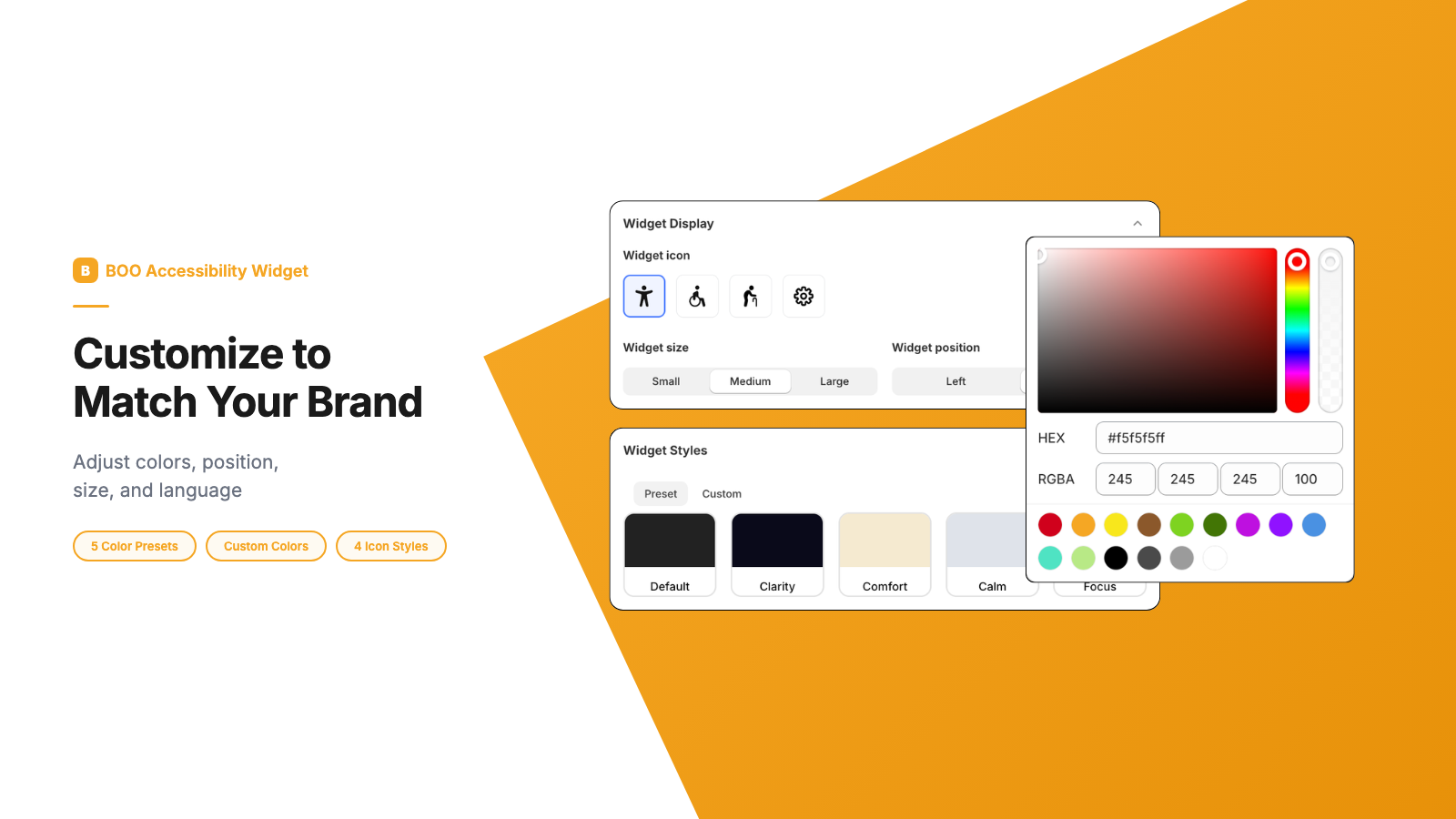 BOO Accessibility Widget customization settings showing icon