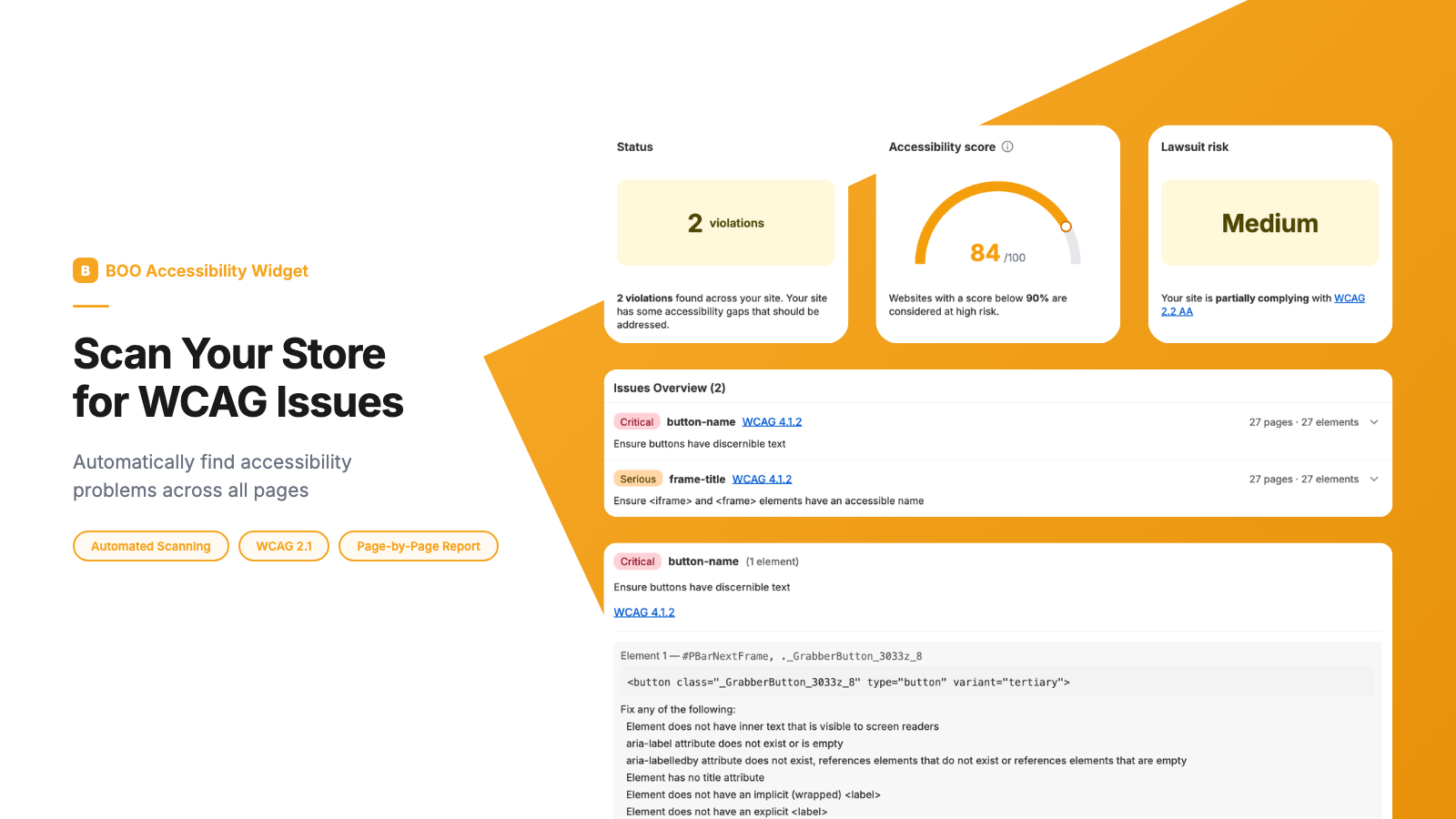BOO Accessibility Widget scanner results showing a 78/100 access