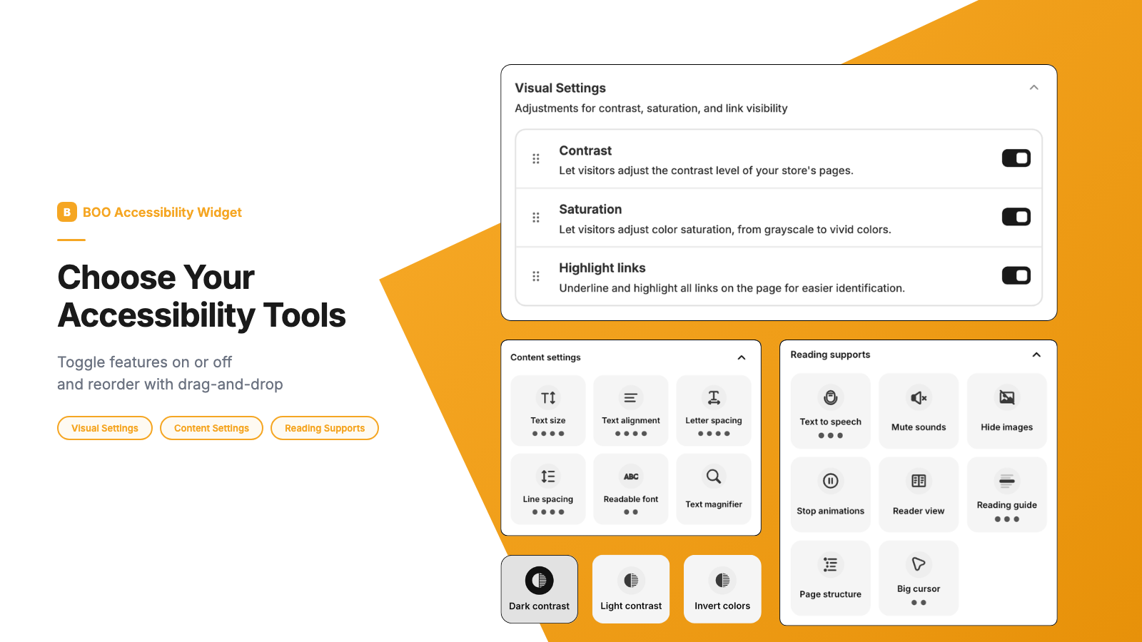 BOO Accessibility Widget menu settings page showing a list of