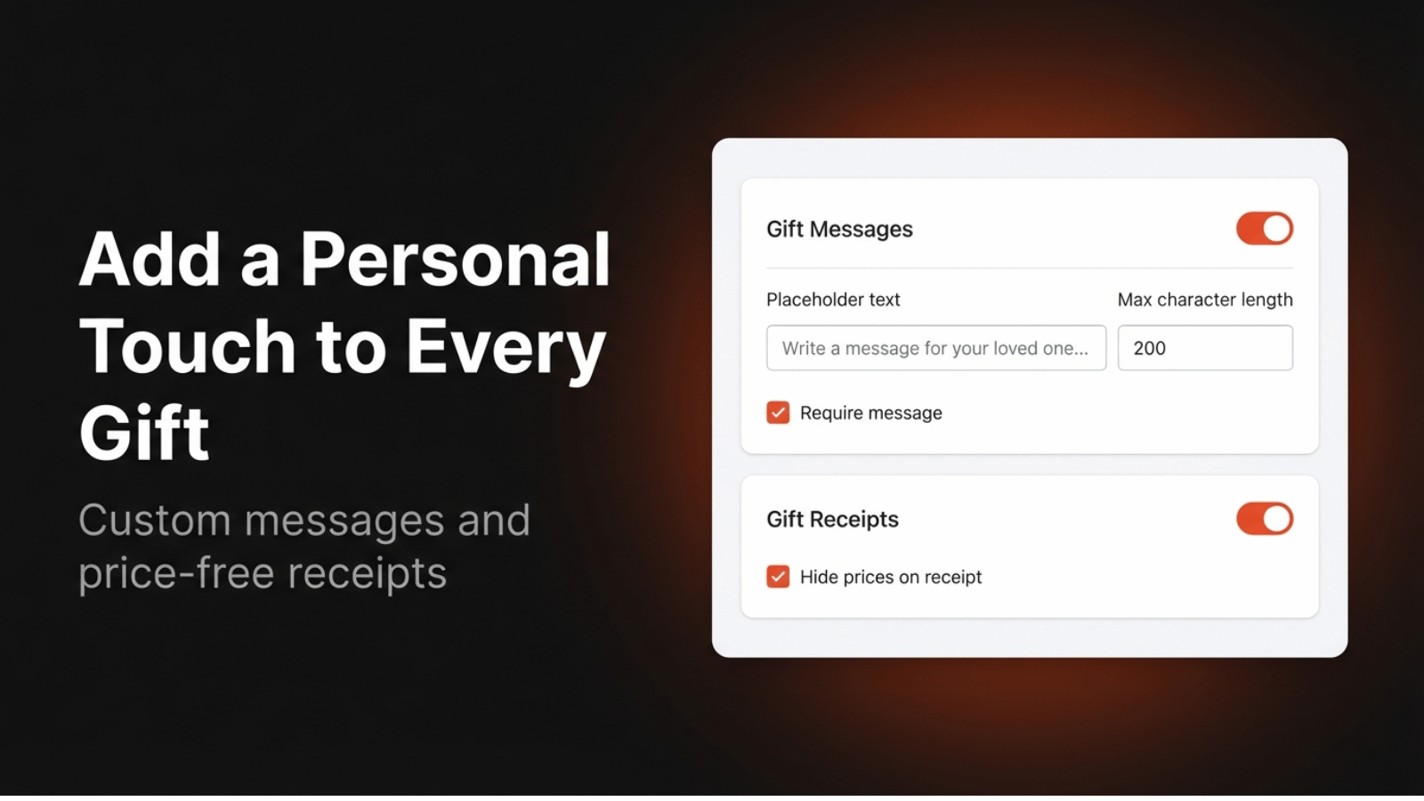Gift message and receipt settings screen