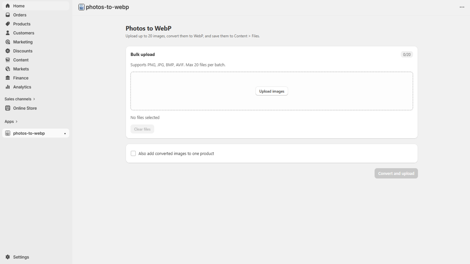 Add PNG, JPG, BMP, AVIF, HEIC, or GIF files in one step.