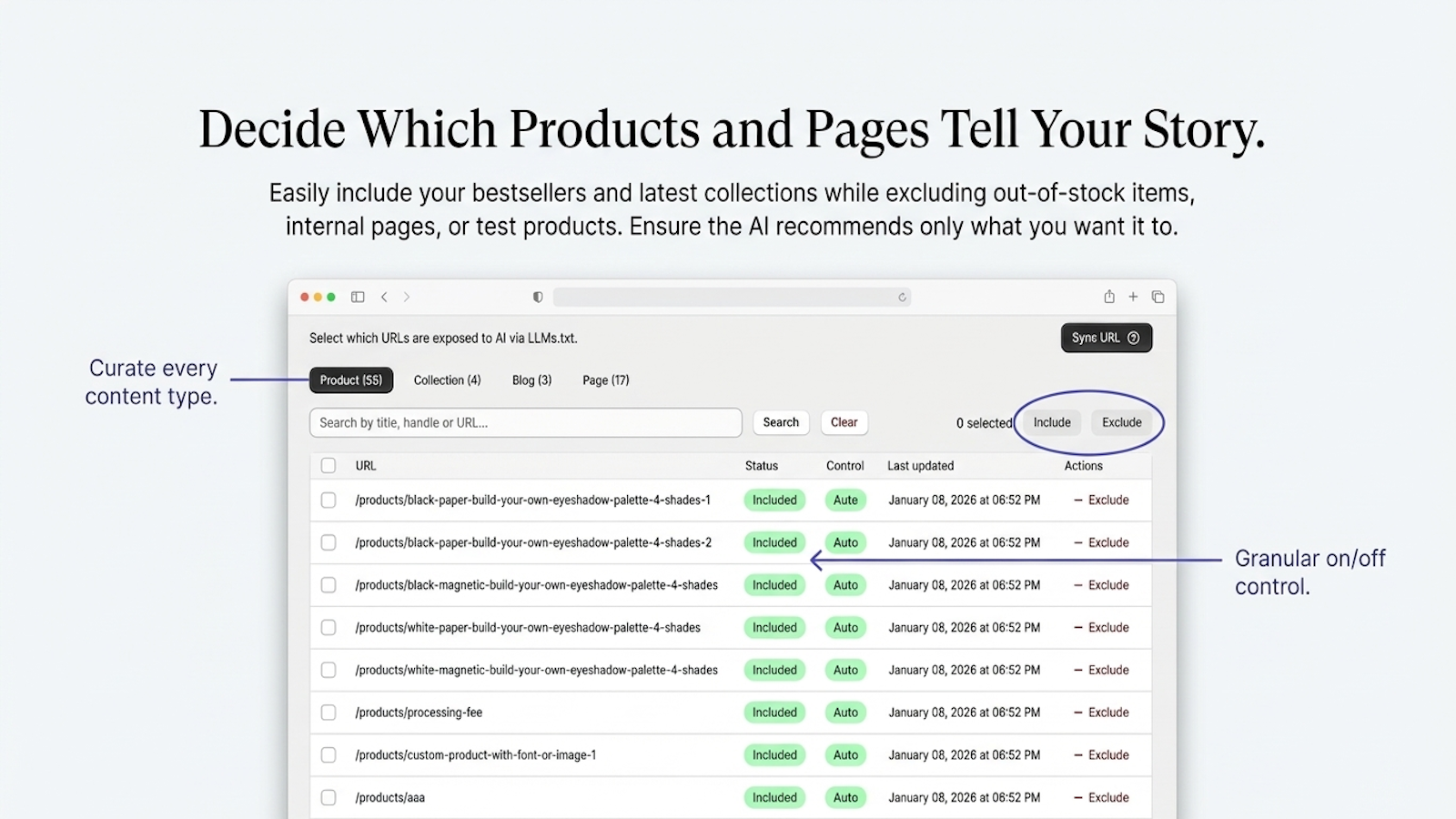 Manage which products and pages are visible to AI crawlers.