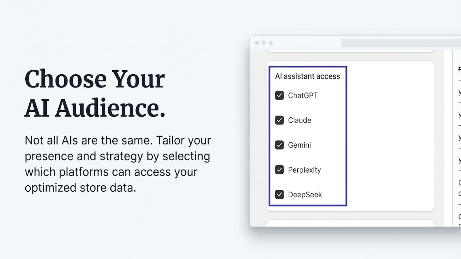 Select which AI models can access your optimized store data