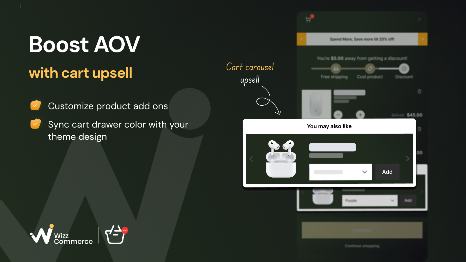 Frequently bought together, product add ons, cart upsell