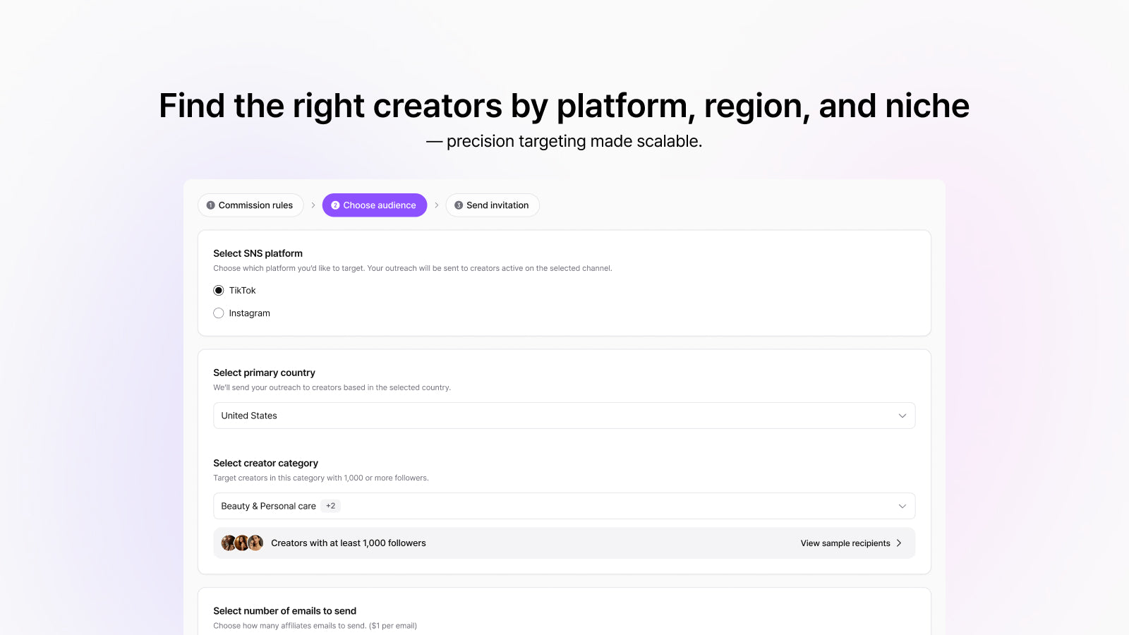 Find the right creators by platform, region, and niche