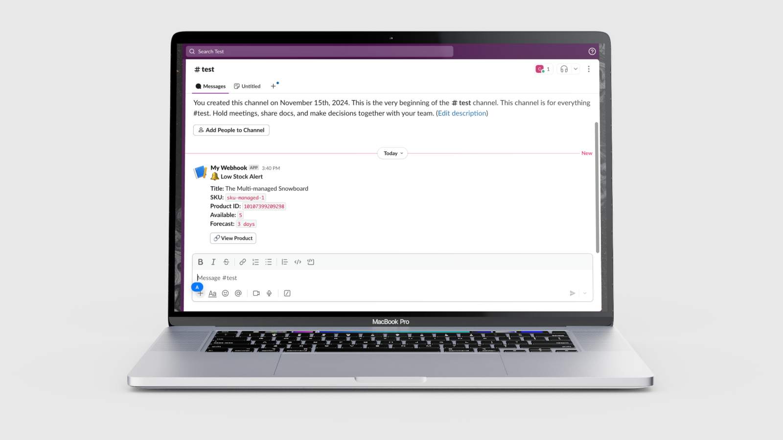 Slack alert message from Low Stock Alert & Forecast