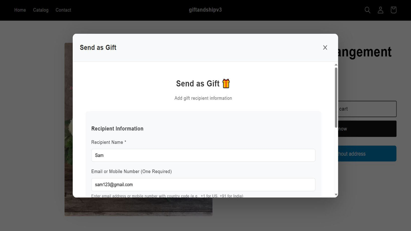 Popup modal showing confirmation fields and a gift note
