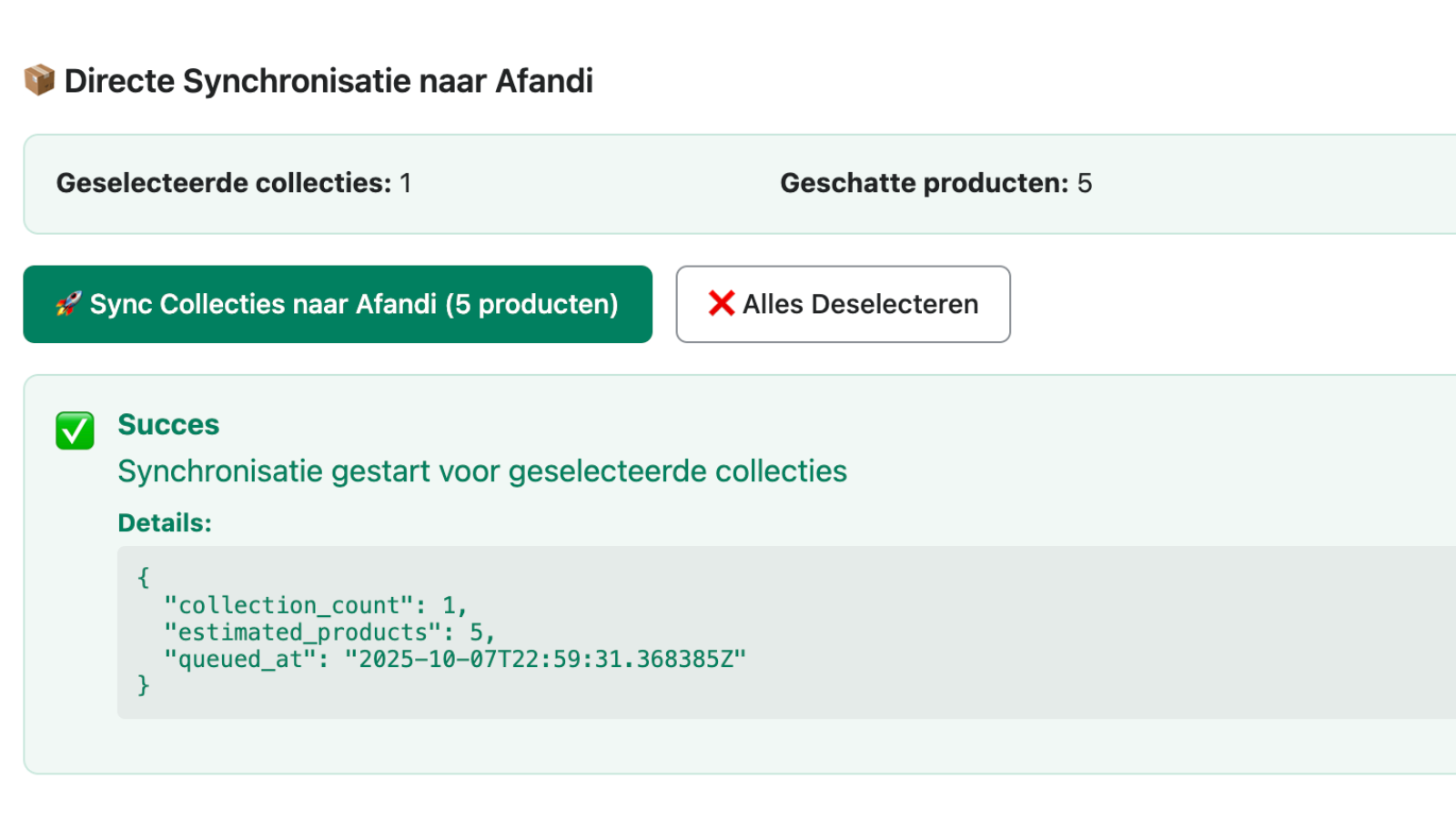 Succesvolle synchronisatie bevestiging in de Integratie app