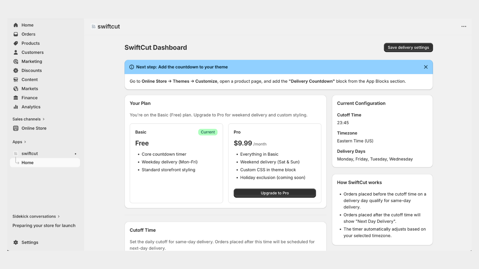 SwiftCut admin: Set 5PM shipping cutoffs in sixty seconds.