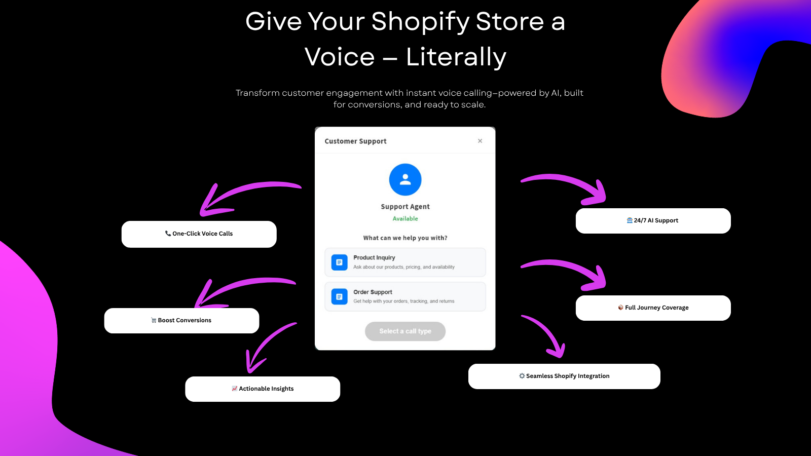 Shopify voice support widget interface.