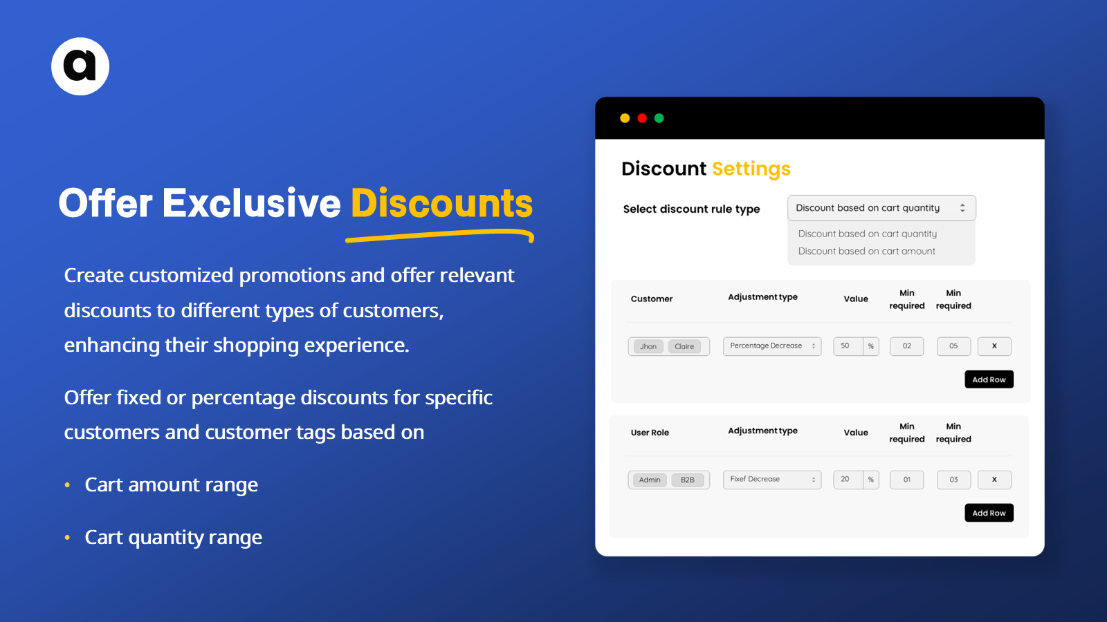 Offer discounts on products and customer tags