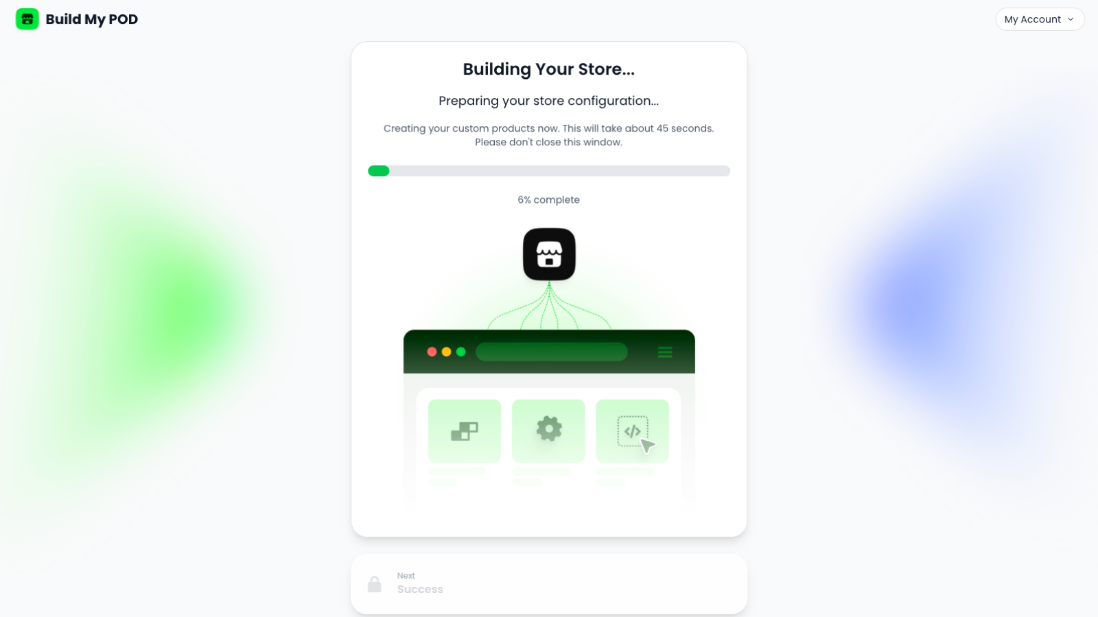 Progress bar visual showing Shopify store being configured.