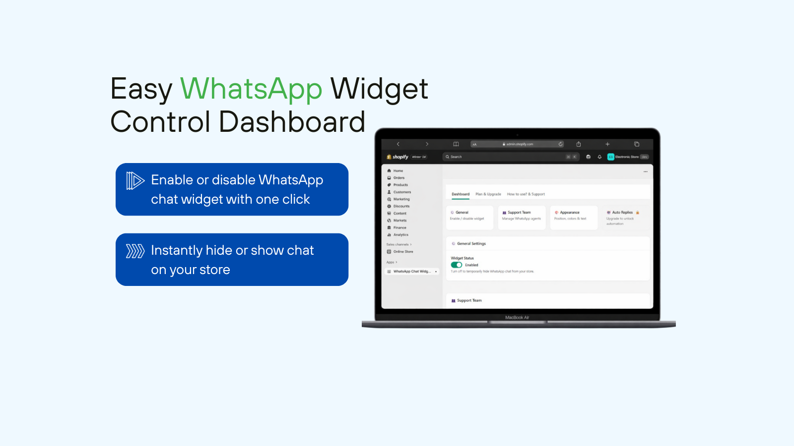 Admin setting for WhatsApp chat widget app