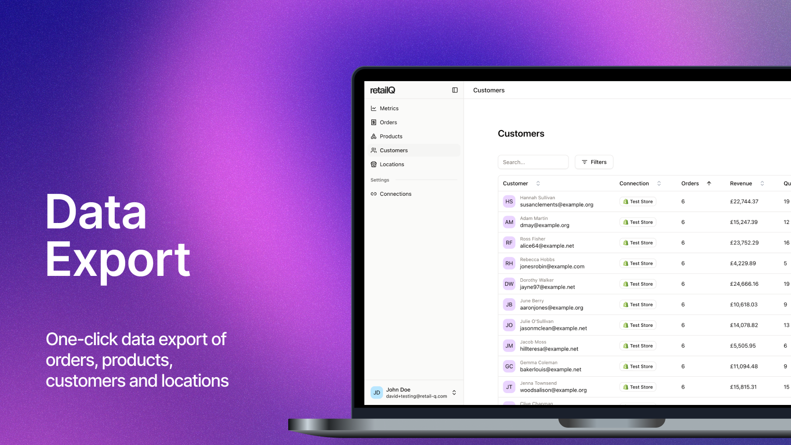 Export orders, products, customer and location data