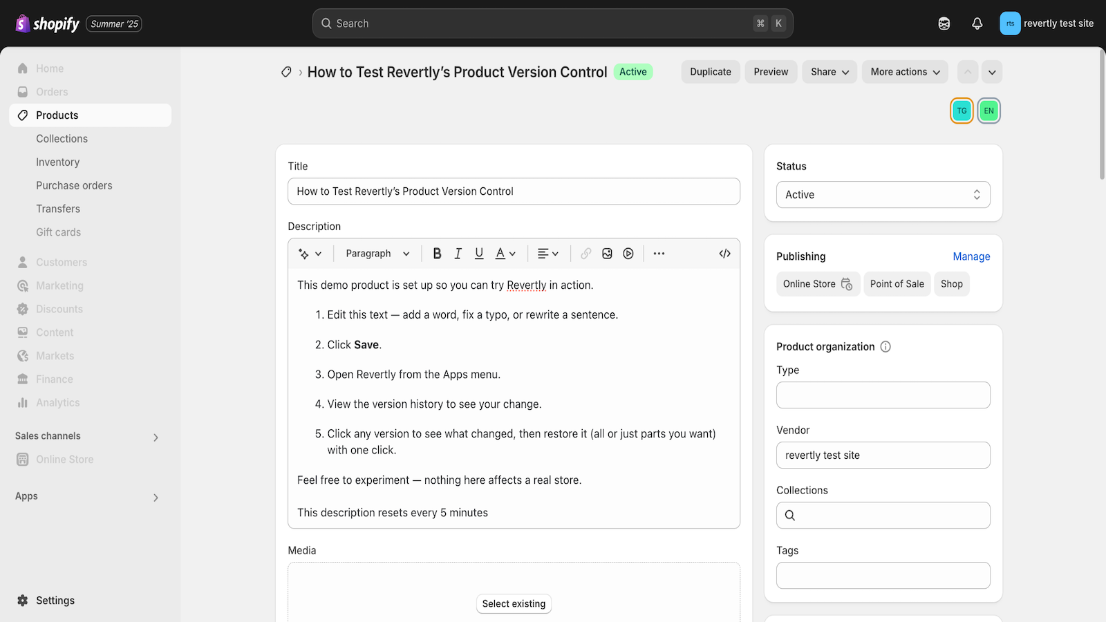 Shopify Product Edit Page