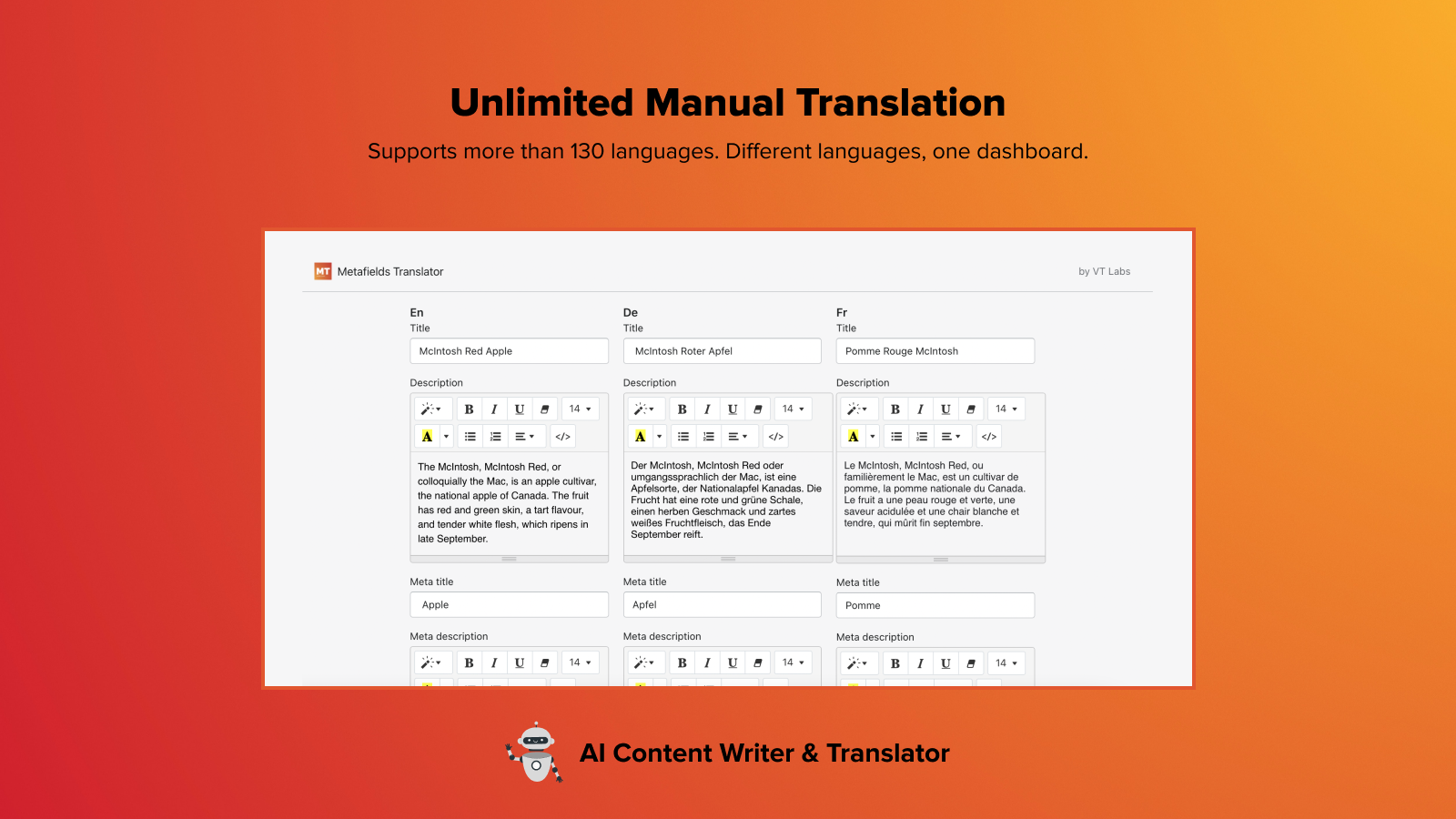 Manage and edit your translation manually or with AI Translation.