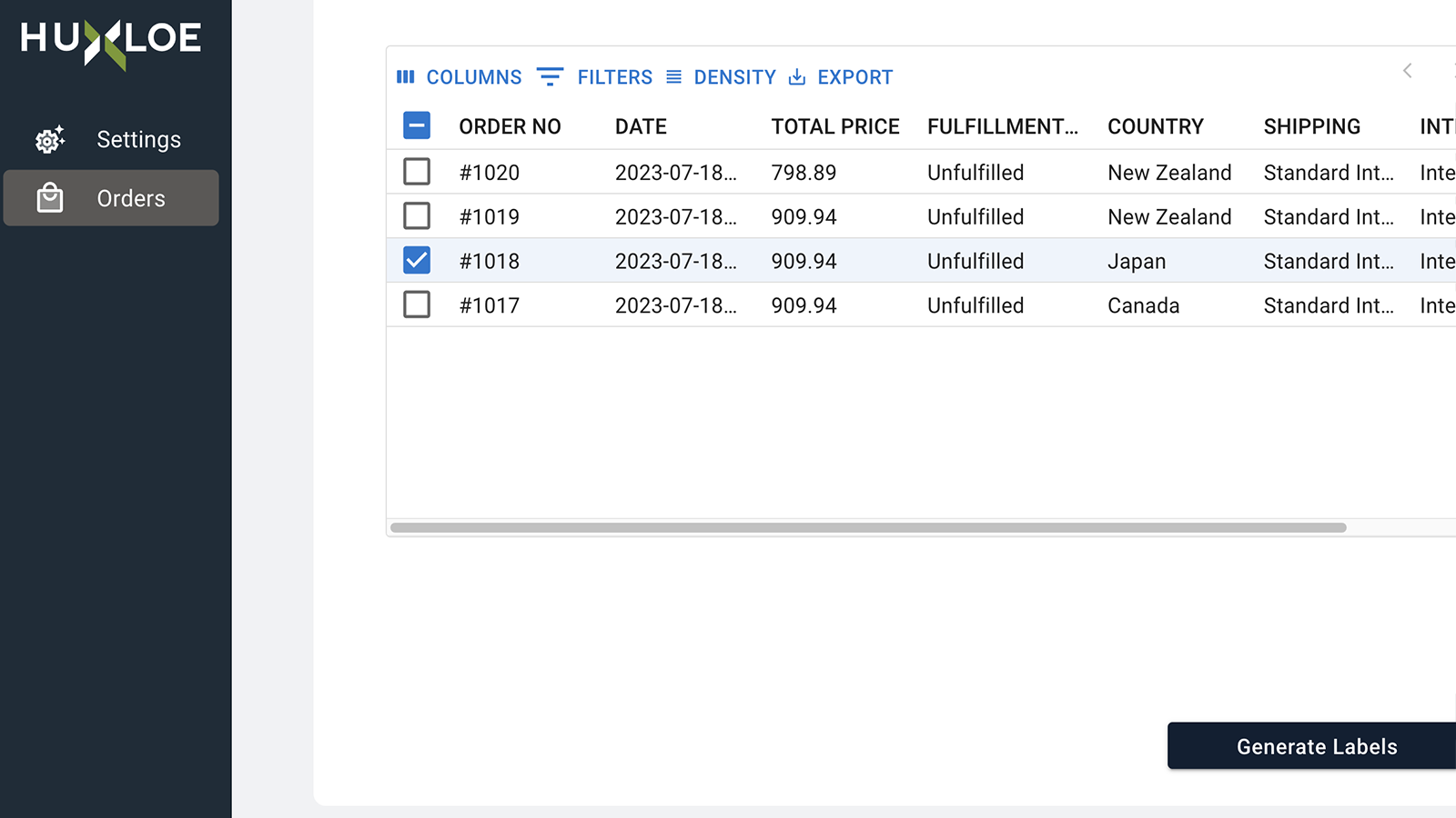 Huxloe settings - international orders