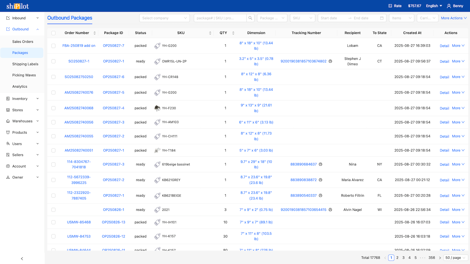 outbound package list page