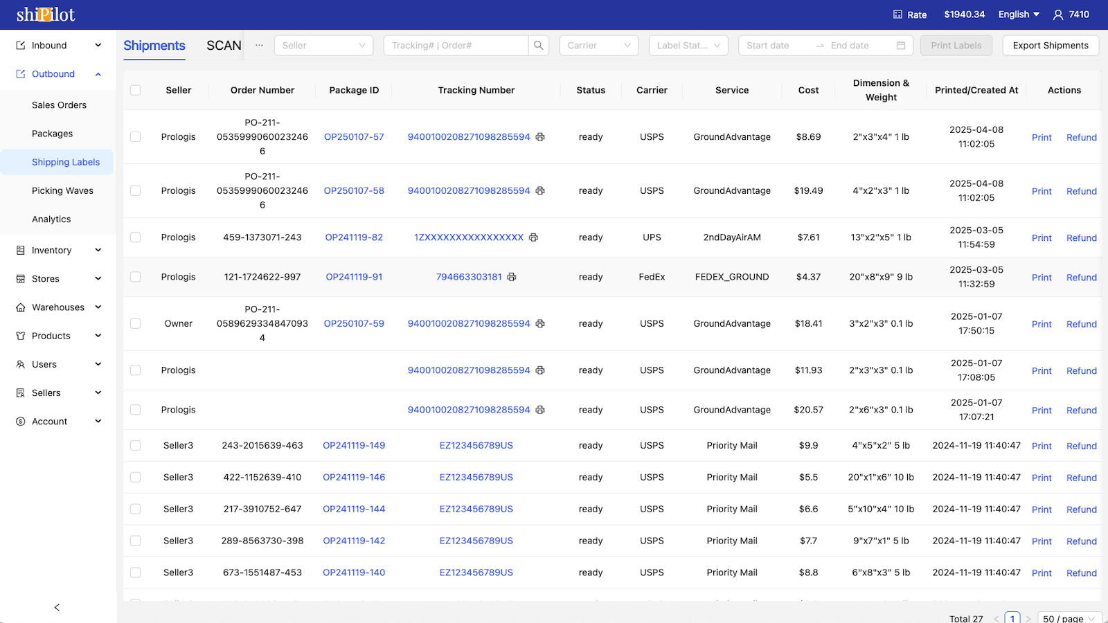 shipping label list page