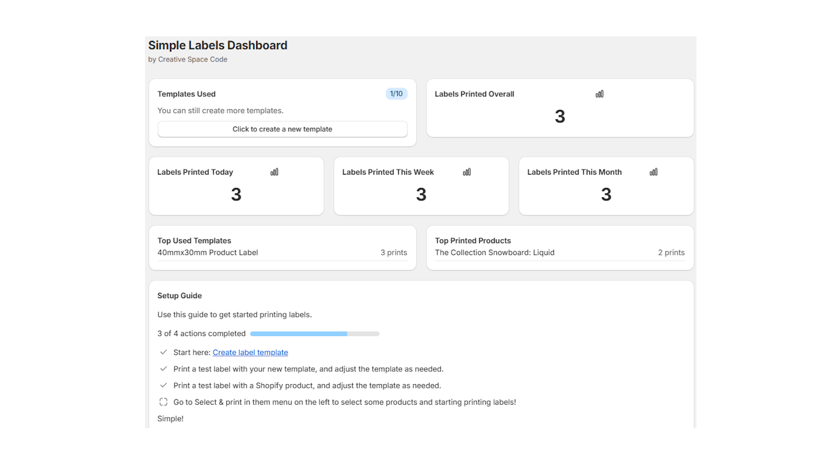 Simple Labels dashboard tracks your number of prints