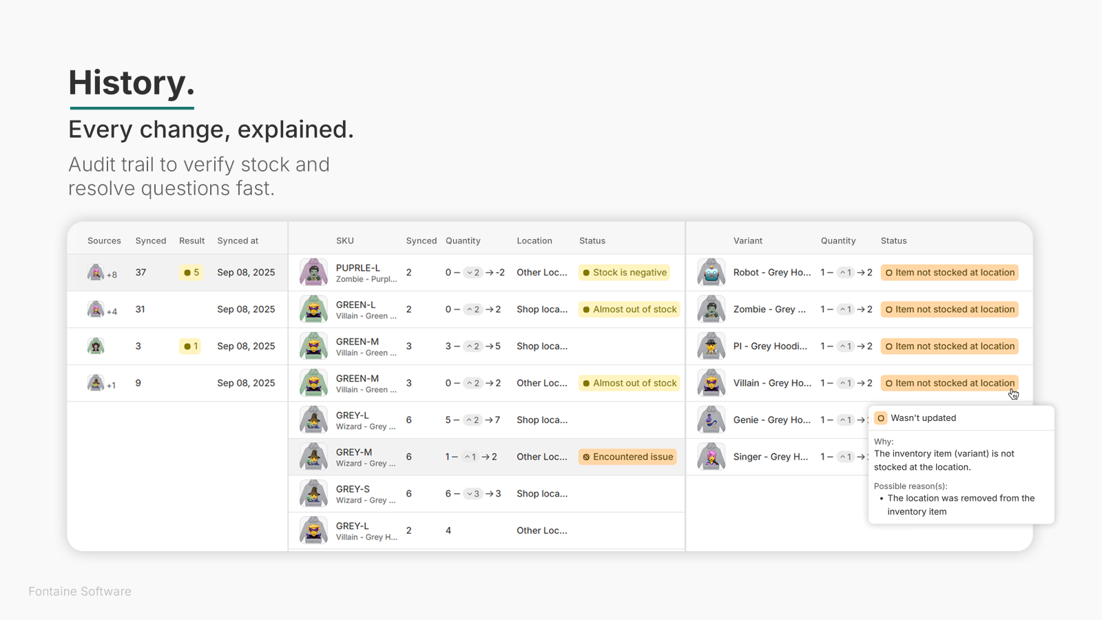 History, log of syncs, detailing errors and warnings.