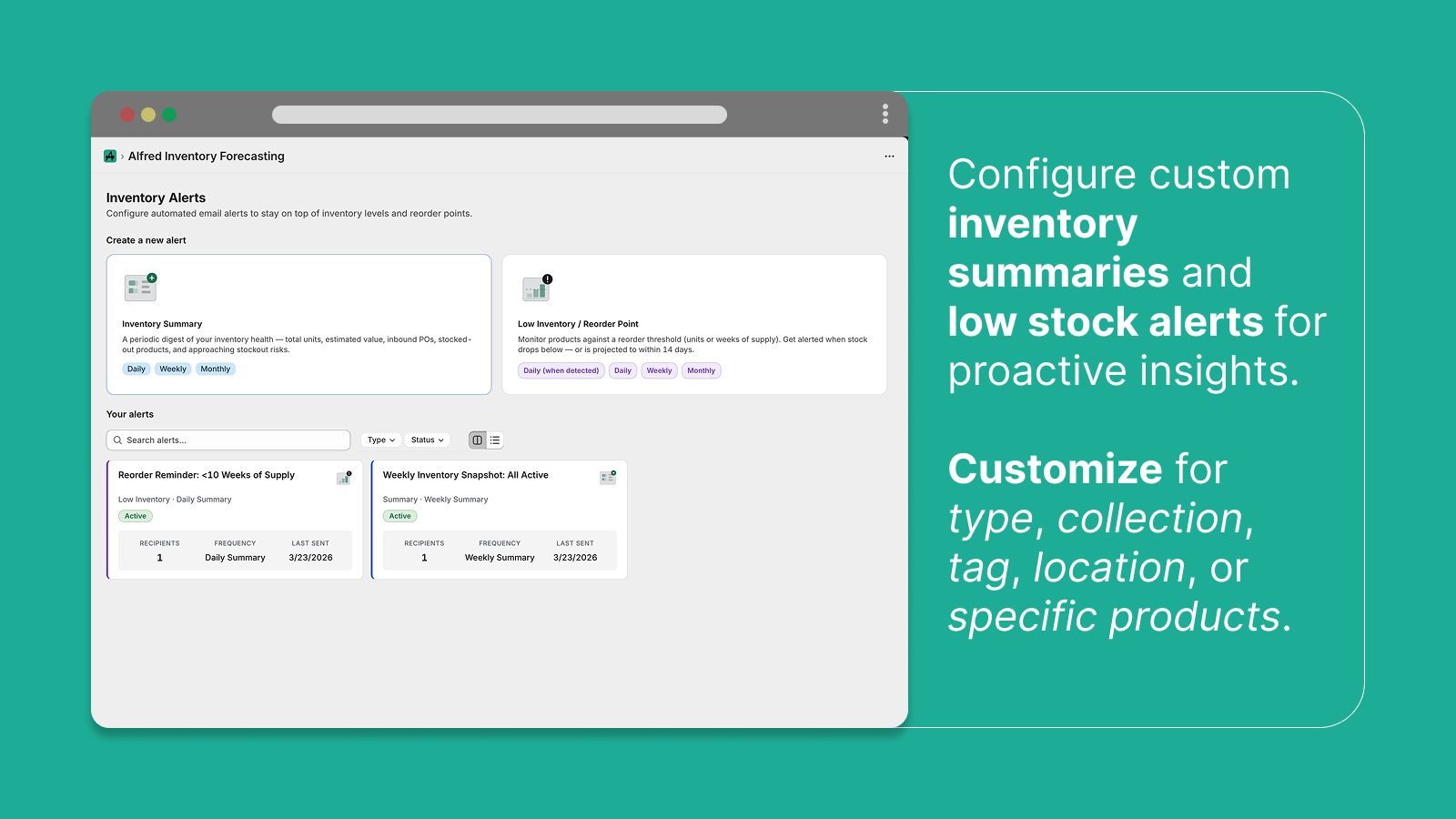 Configure custom inventory summary and low inventory alerts