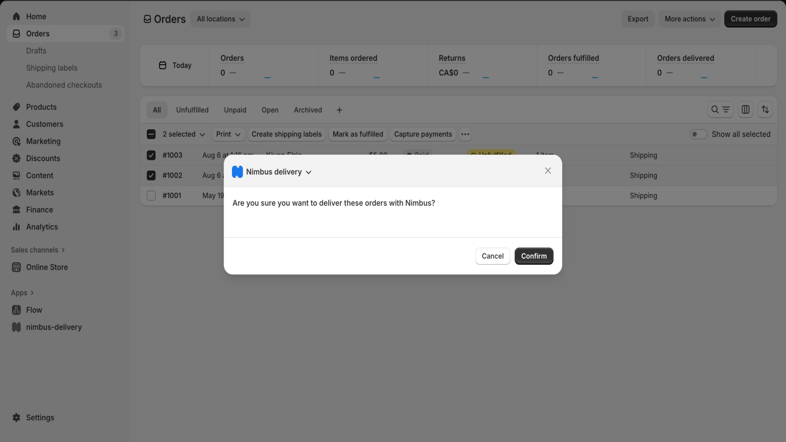 select your orders and send them to deliver with nimbus