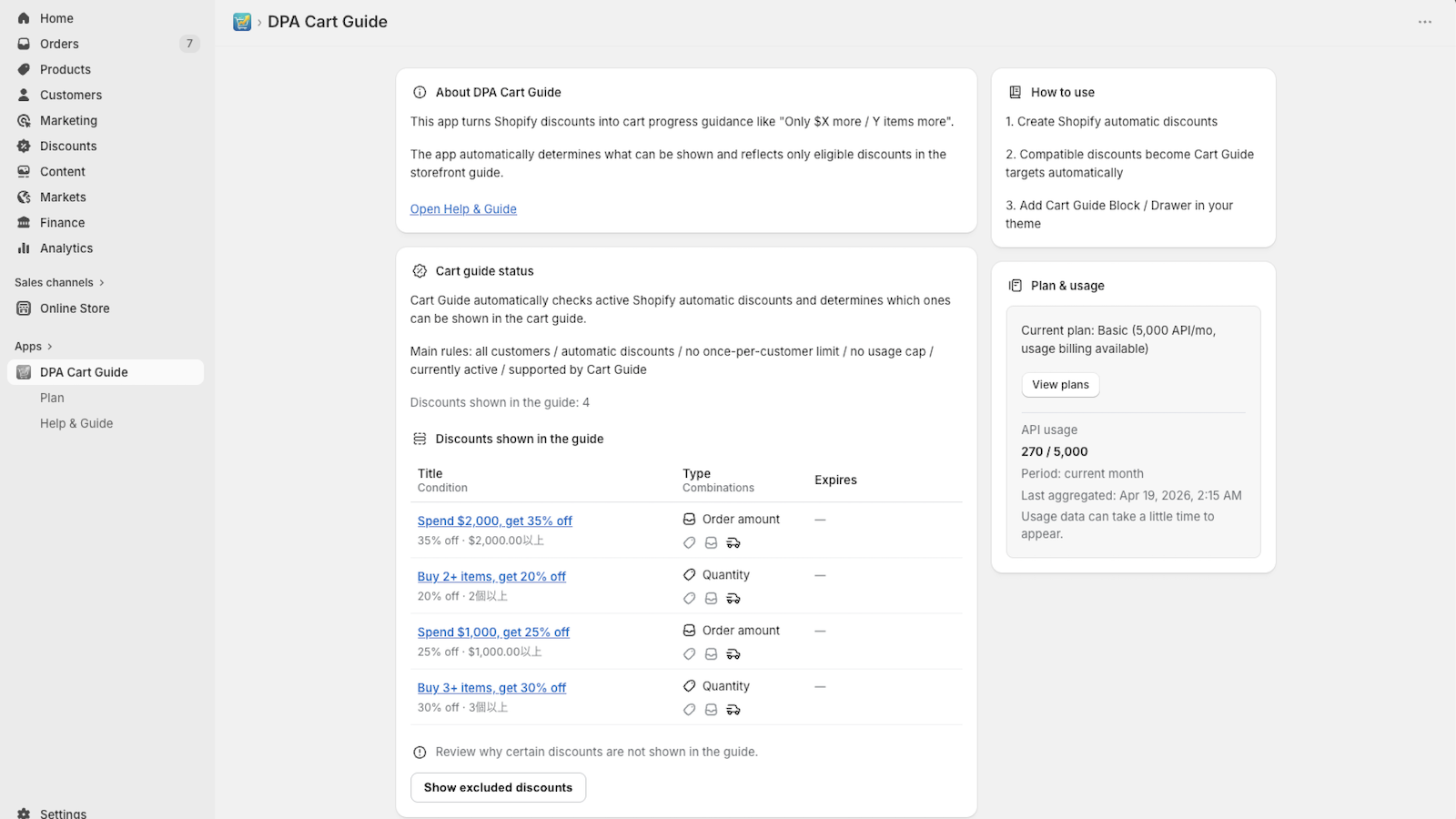 App dashboard showing eligible discounts for cart guidance