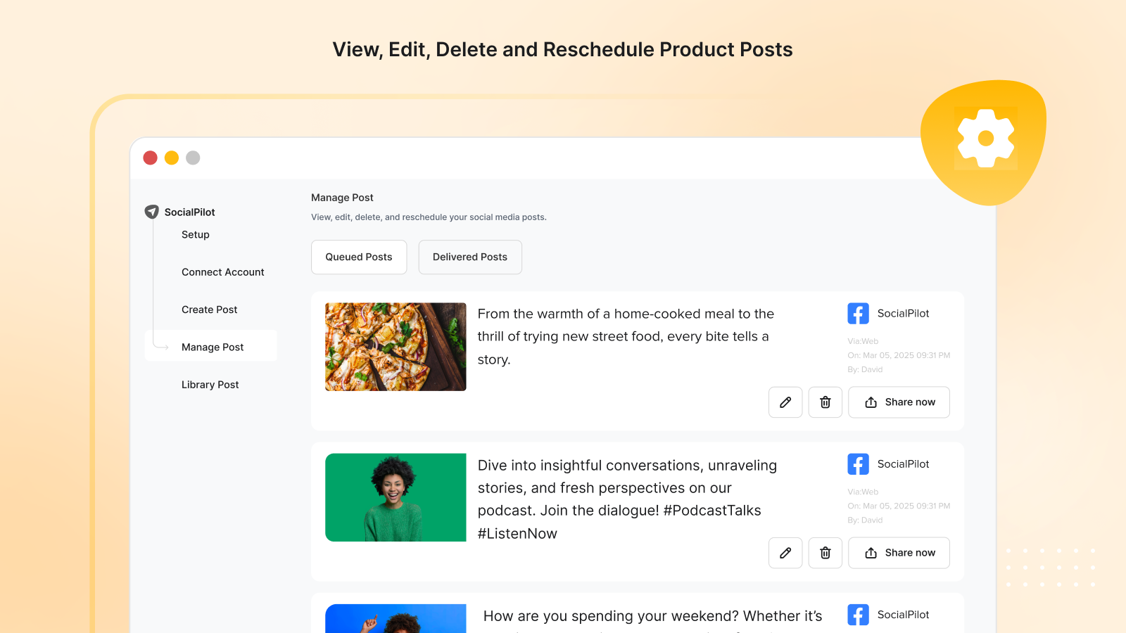View queued and delivered posts with dates and details.