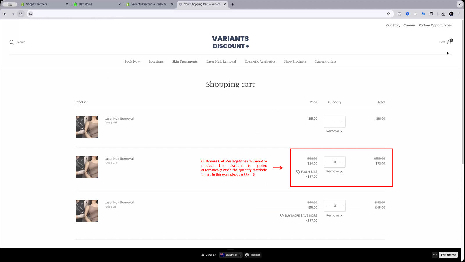 Variants Discount + App Custom cart message