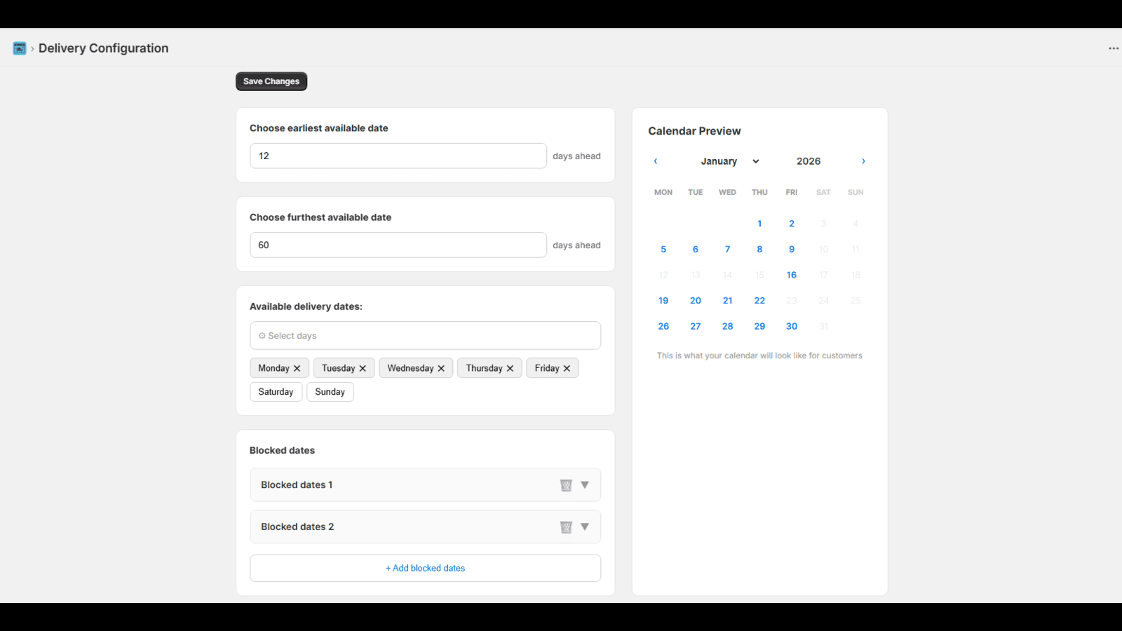 Customers choose delivery or pickup dates directly from cart