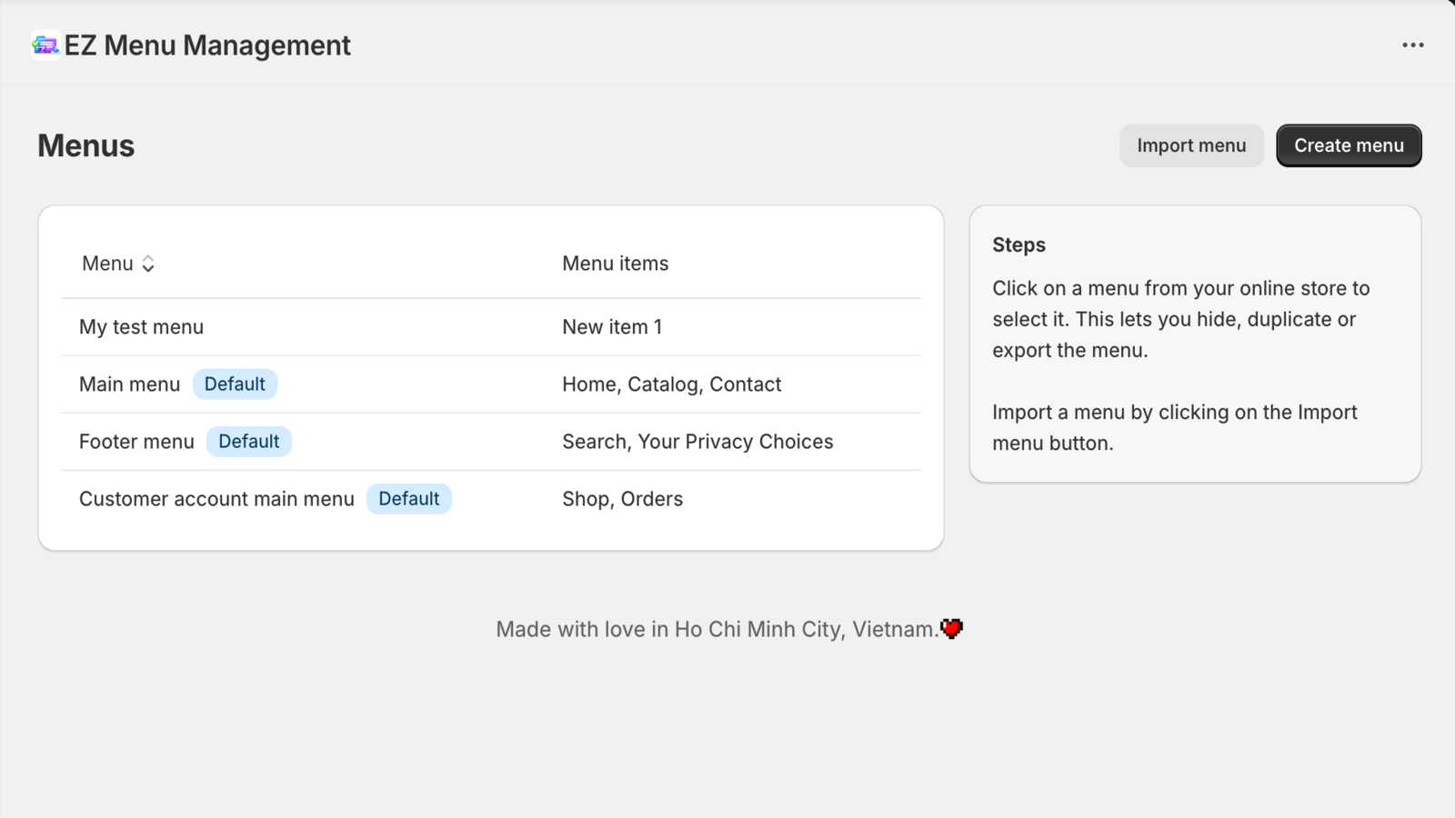Menu navigation list
