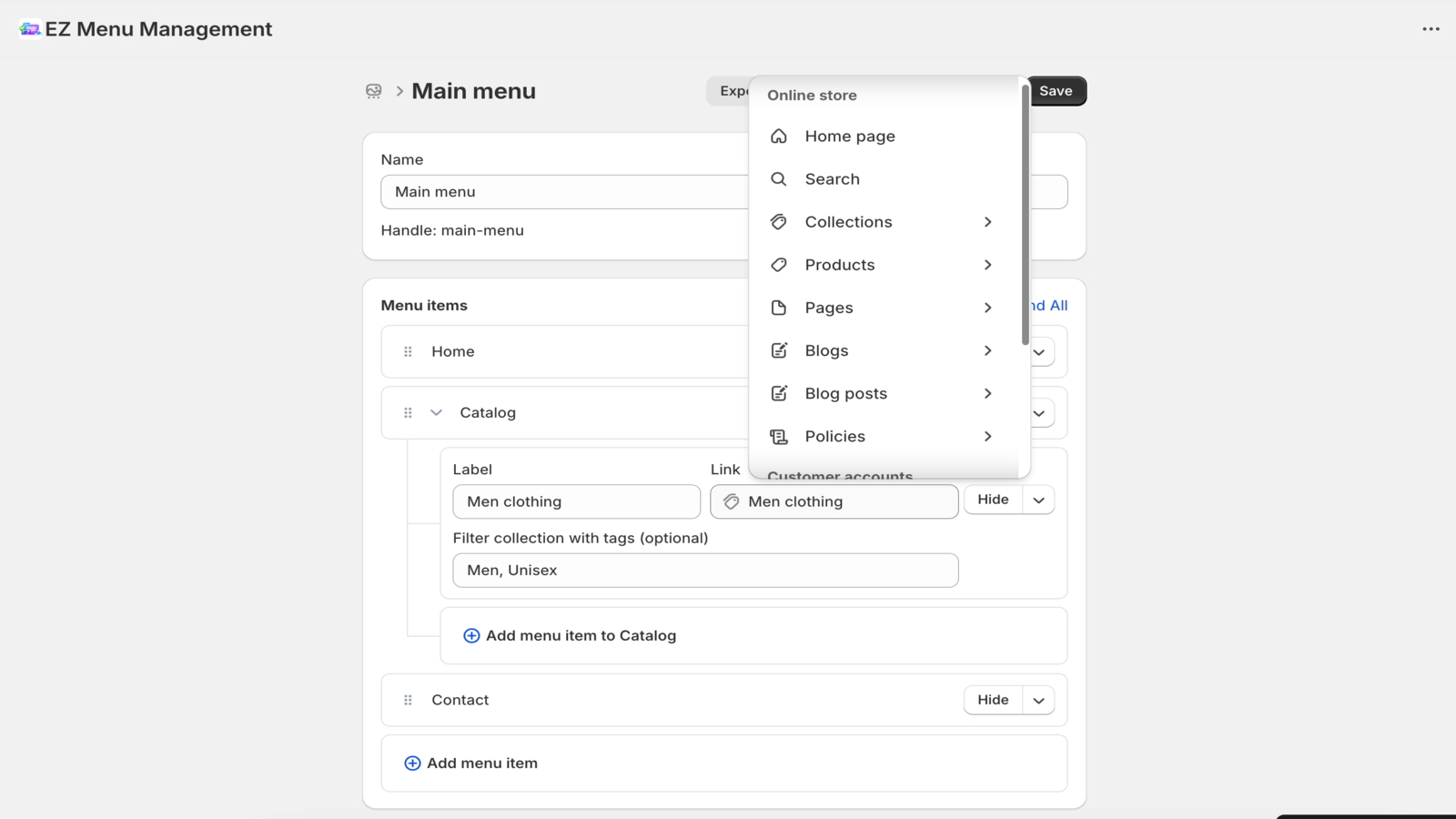 Menu dropdown selection