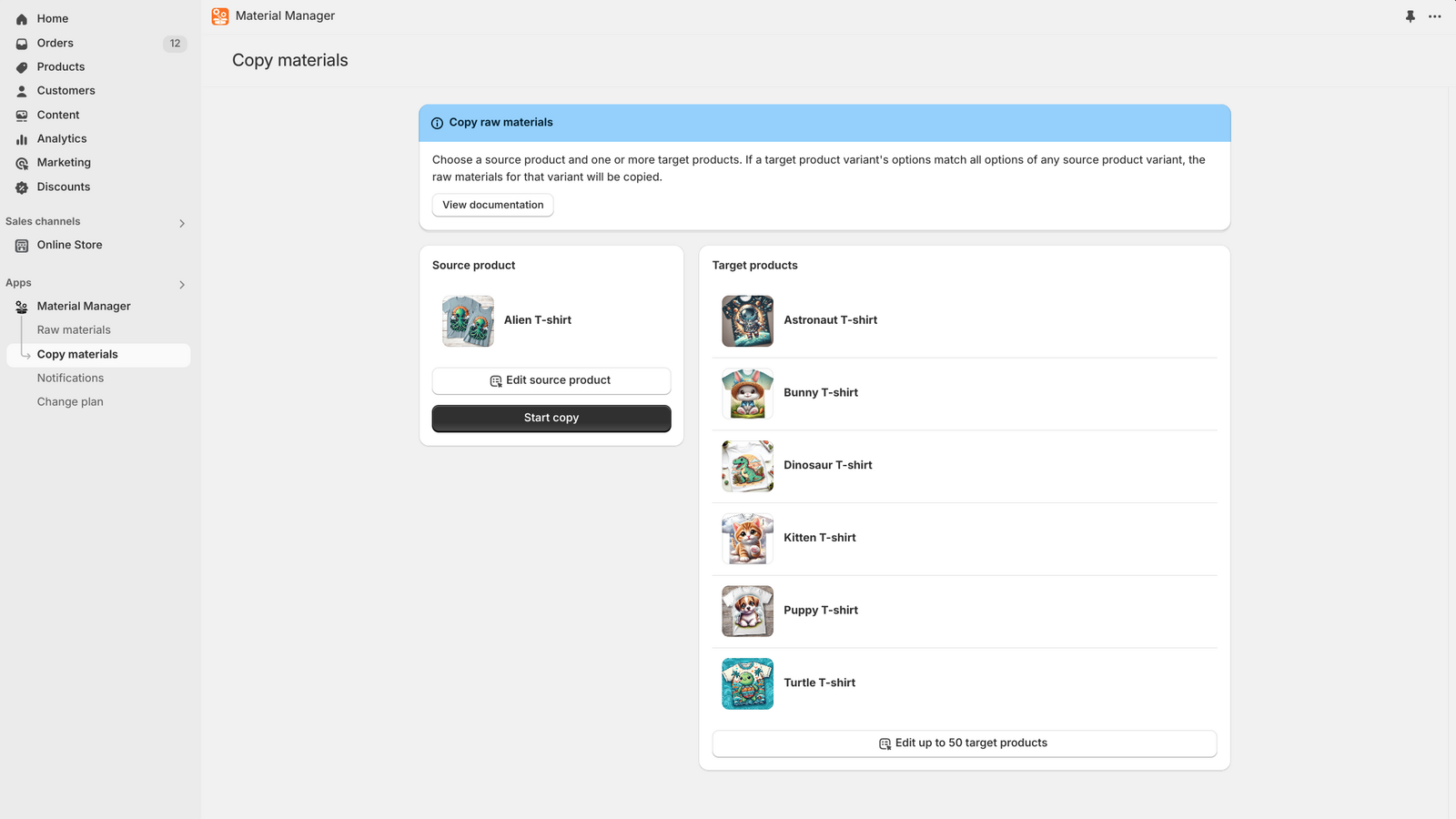Copy the raw materials from the variants of a product to others