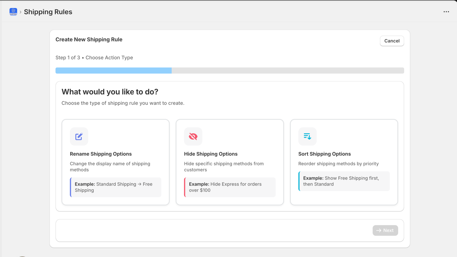 creation of sort, rename, hide shipping rule