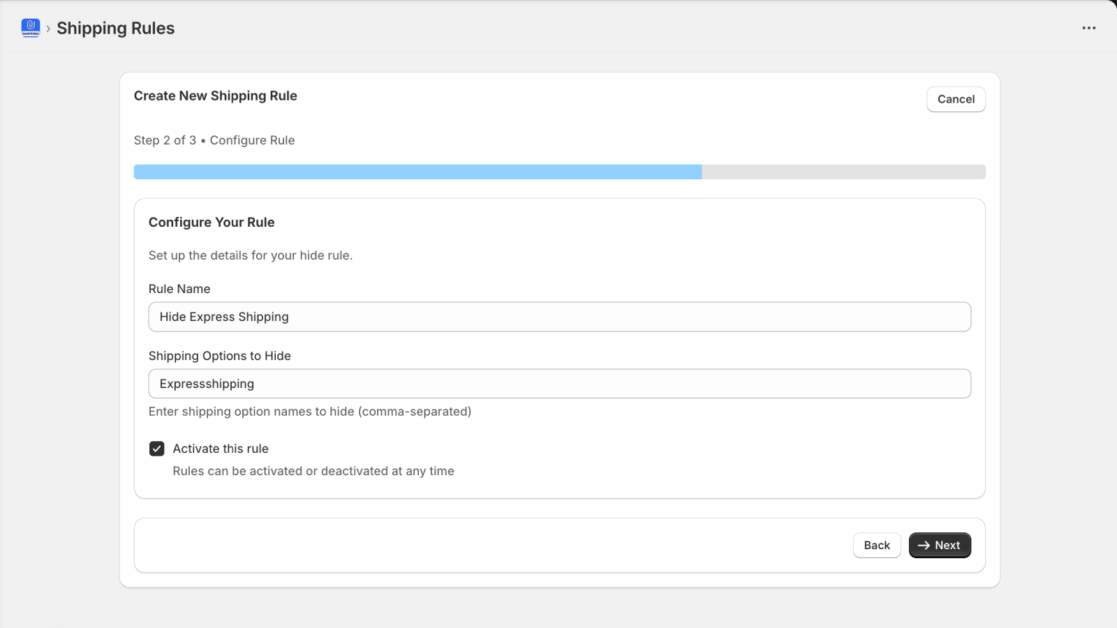 hide shipping rule creation