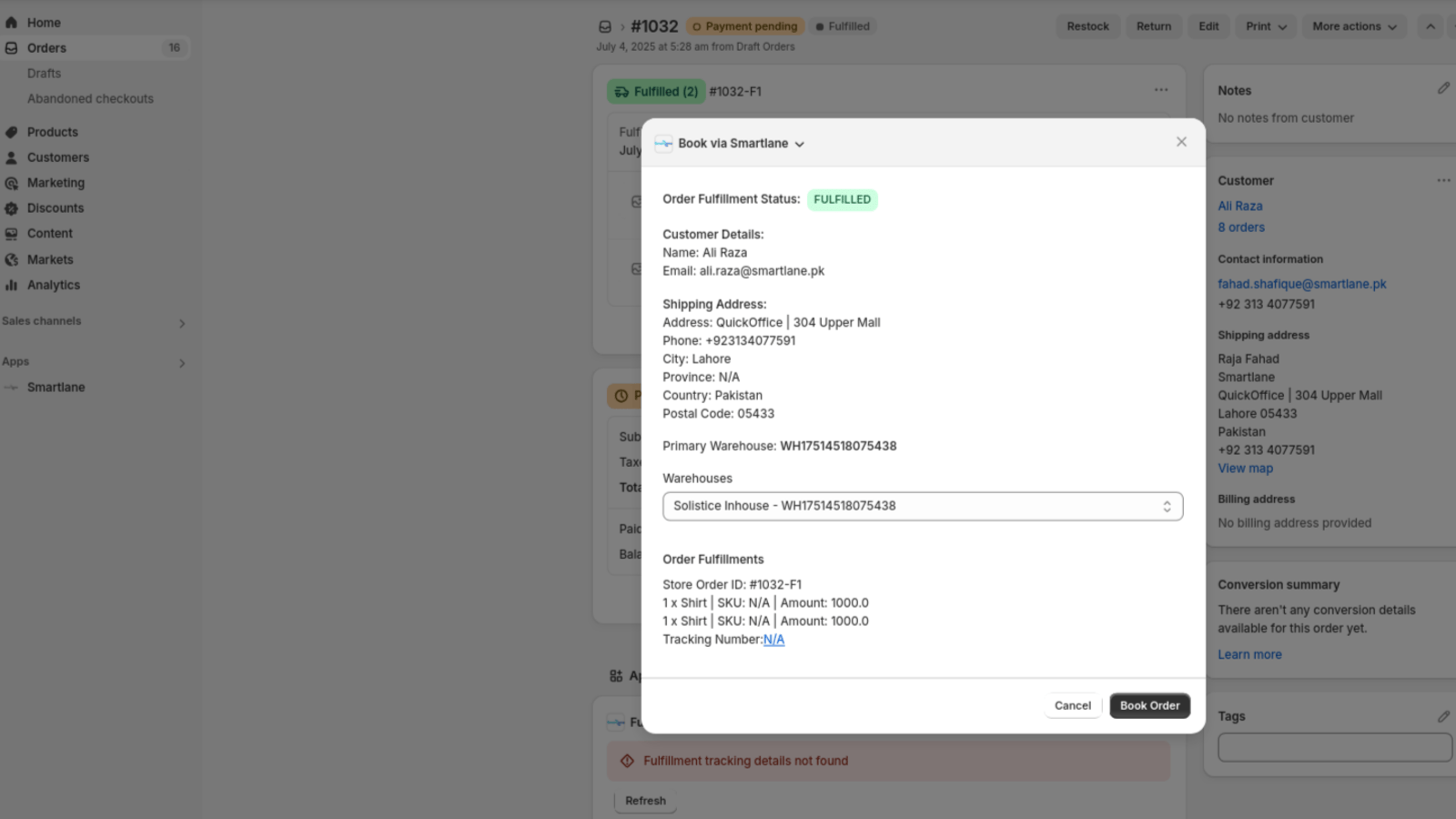 Action Ext: Book via smartlane modal in order detail 