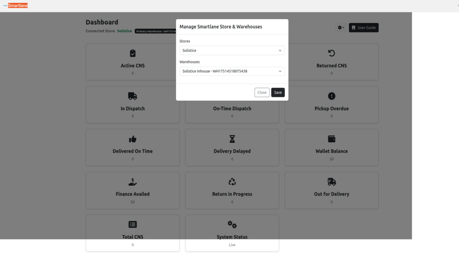 Manage Smartlane Store & Warehouses on app dashboard screen