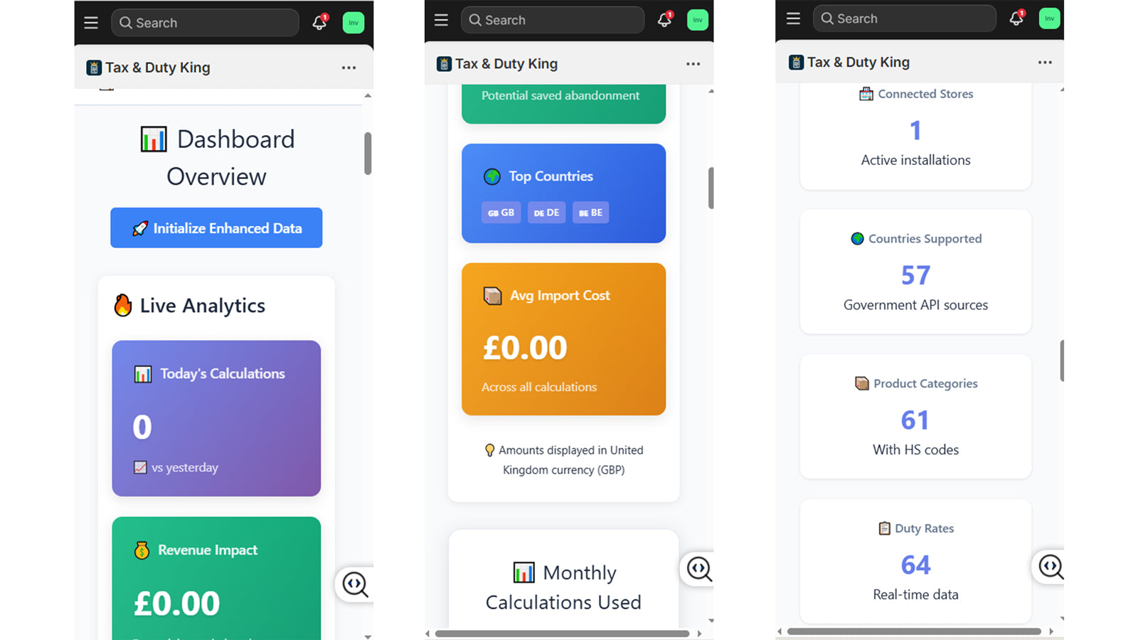 Mobile Dashboard Screen Shots Tax & Duty King