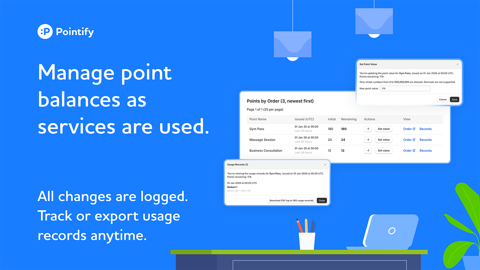 Manage point balances as services are used.