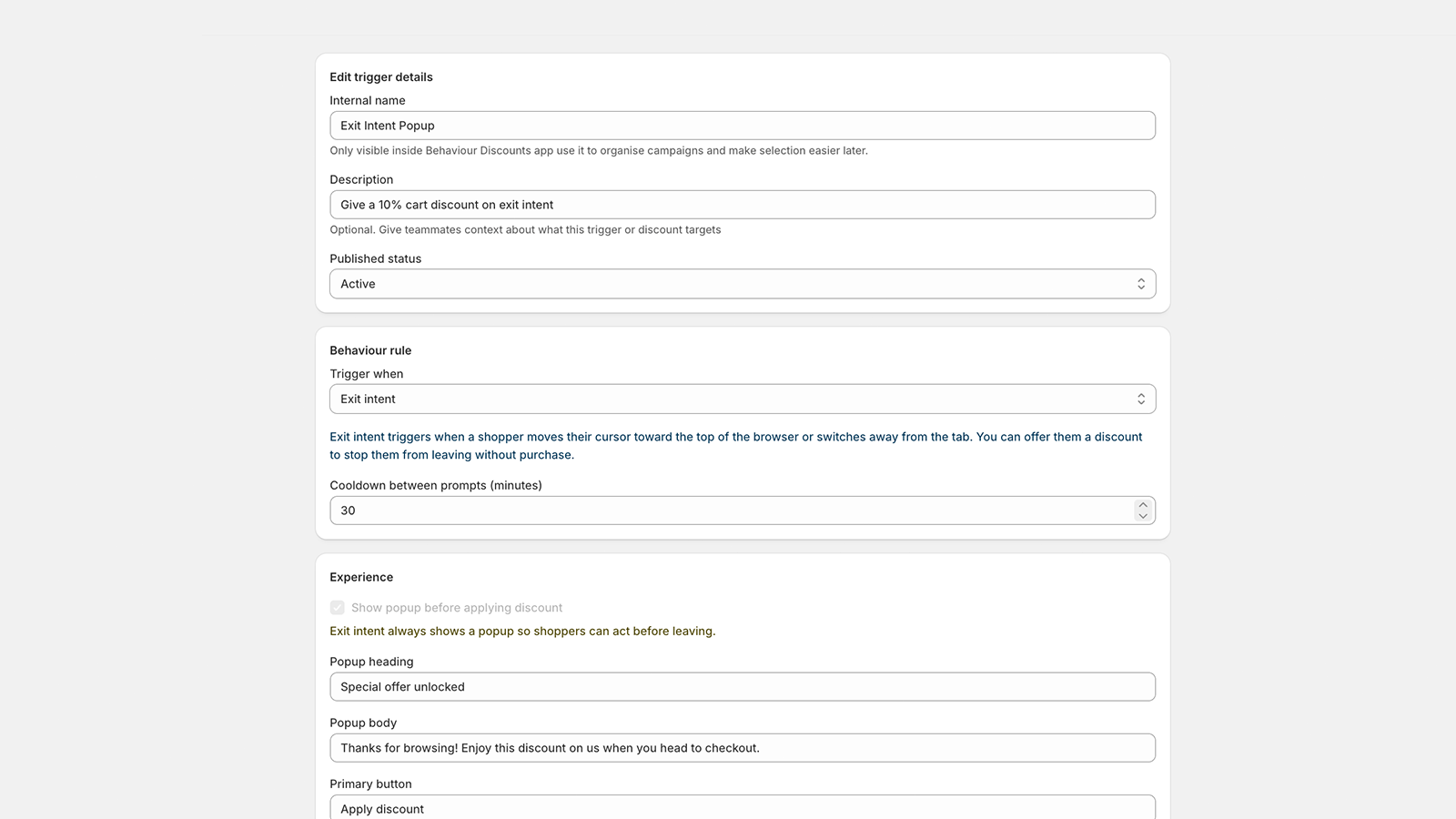 behaviour discounts exit intent